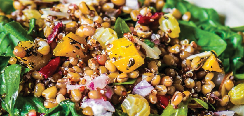Vegan salad with spinach, grains, and vegetables helps with gut health and eases bloating