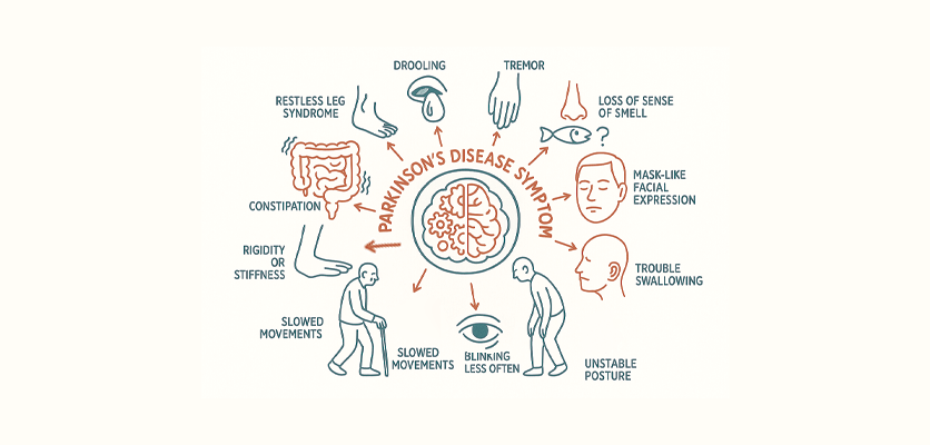 Parkinson's disease symptoms include trembling, constipation, and loss of sense of smell.