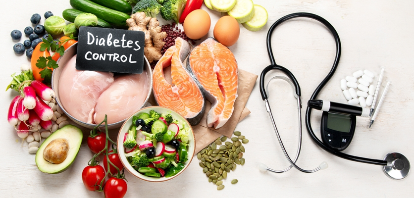 Diabetes control with balanced diet including vegetables, lean protein, and medical care support